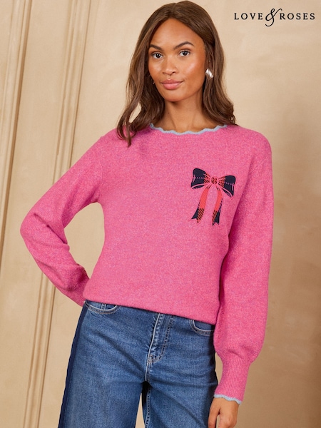 Pink Checked Bow - Love & Roses Scalloped Slash Neck Knitted Jumper
