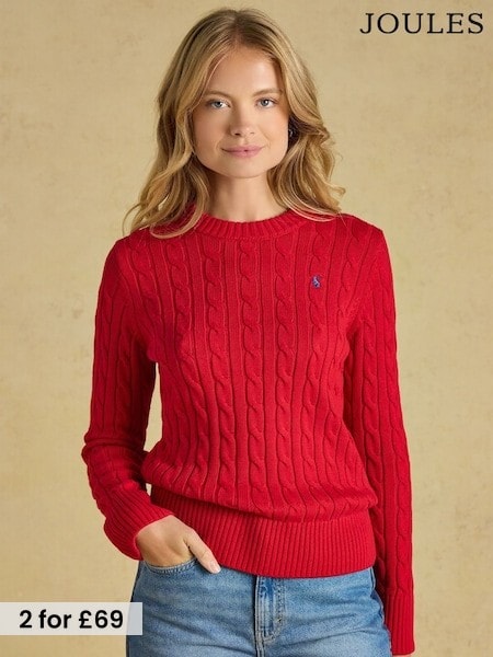 Bright Red - Joules Classic Crew Neck Cotton Cable Knit Jumper
