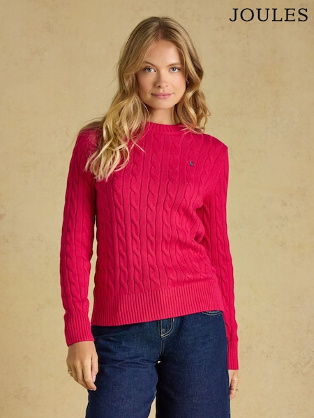 Fuchsia Pink - Joules Classic Crew Neck Cotton Cable Knit Jumper