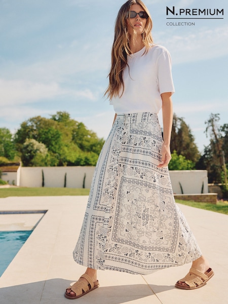 White/Navy Print - N. Premium Linen Midi Skirt