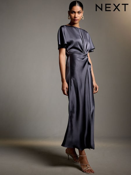 Petrol Blue - Satin Short Sleeve Twist Front Midi Dress