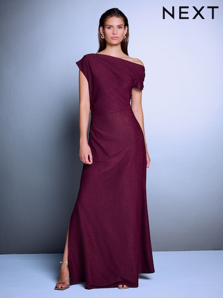 Burgundy Red - One Shoulder Asymmetric Ruched Sparkle Jersey Maxi Dress