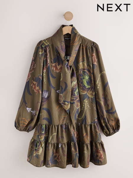 Khaki Green Next X Kew Print - Long Sleeve Tie Neck Mini Dress