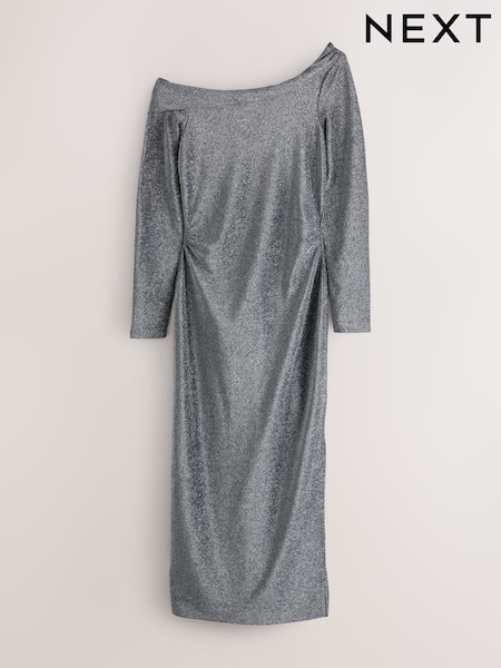 Silver - Long Sleeve Sparkle Bardot Midi Dress