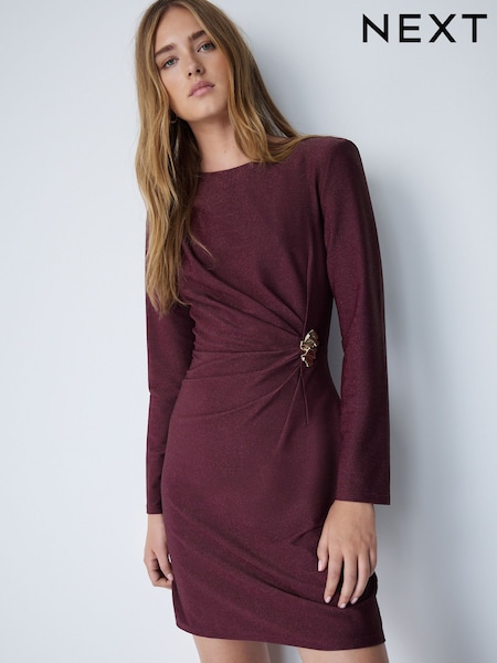 Burgundy Red - Long Sleeve Side Ruched Hardware Mini Dress