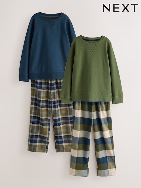 Blue/Green - Long Sleeve Woven Check Pyjamas 2 Pack (3-16yrs)