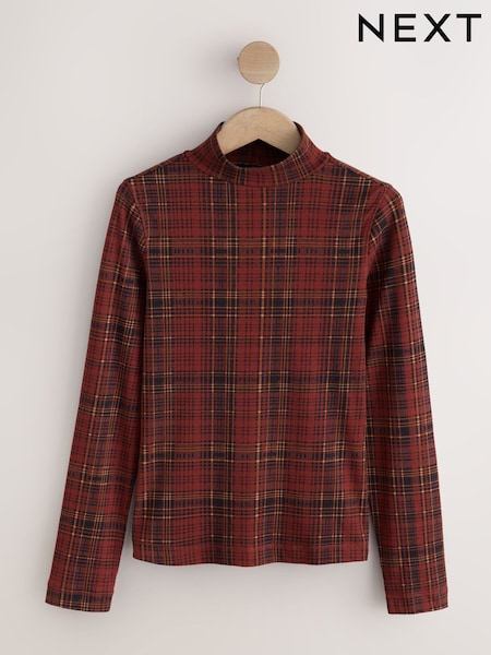 Red Check - Ribbed Stand Neck Long Sleeve Top