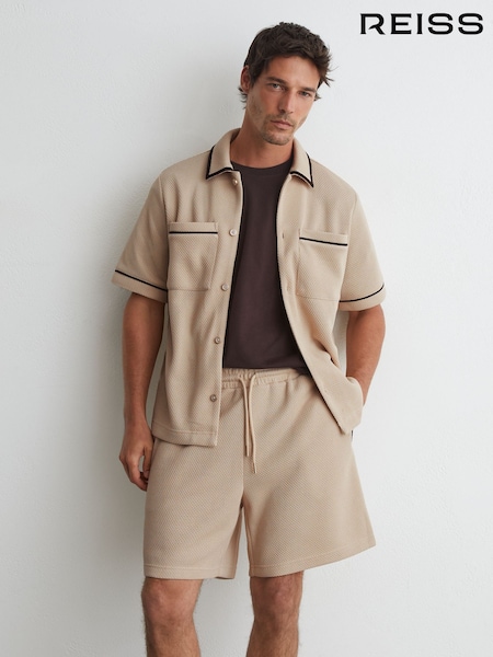Stone - Regular Reiss Elijah Textured Piped Drawstring Shorts
