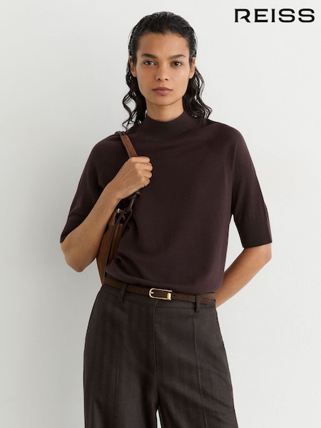Grape Burgundy - Reiss Sienna Merino Wool Funnel-neck Top
