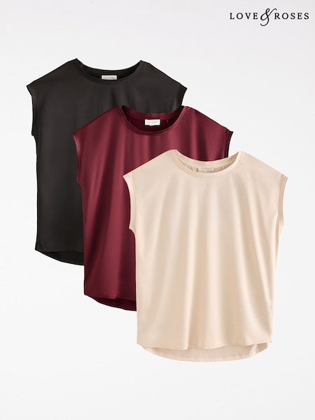 Black White and Berry - Love & Roses Satin Front T-shirts X3 Multipack