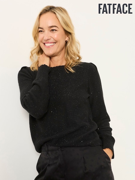 Black - Fatface Knitted Sequin Sparkle Frill Cuff Jumper