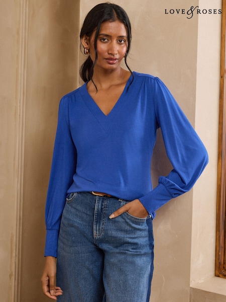 Cobalt Blue - Love & Roses V-neck Jersey Top