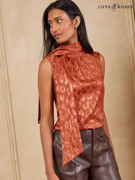 Rust Brown - Love & Roses Animal Print Satin Jaqcuard Tie Neck Sleevess Top