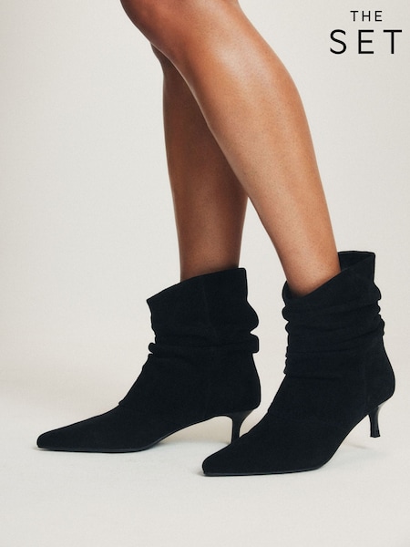 Black - The Set Suede Slouch Heel Ankle Boots