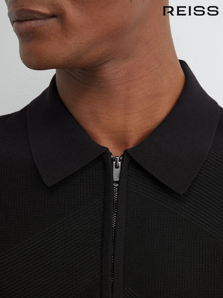 Black - Regular Reiss Leigham Cotton-blend Chevron-knit Half-zip Polo Shirt