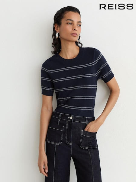Navy/Grey - Reiss Sabrina Wool-blend Striped Knit Top With Cashmere