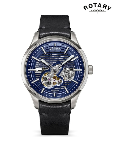 Black - Regular Rotary Greenwich Skeleton Automatic Water Resistance Stainless Steel Black Leather Strap Watch
