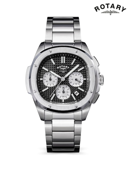 Silver Tone - Regular Rotary Apex 100 Chronograph Black Dial Stainless Steel Tone Bracelet Watch