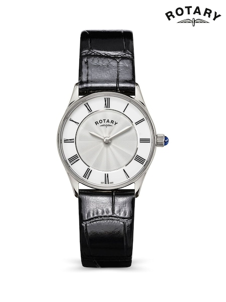 Black - Rotary Heritage Stainless Steel Black Leather Strap Watch