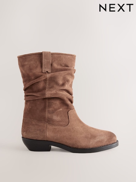 Tan Brown - Forever Comfort® Suede Slouch Pull On Midi Leather Boots