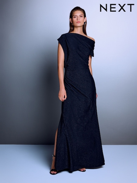 Black - One Shoulder Asymmetric Ruched Sparkle Jersey Maxi Dress