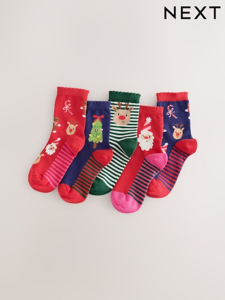 Red and Navy Blue - Cotton Rich Christmas Character Ankle Socks 5 Pack
