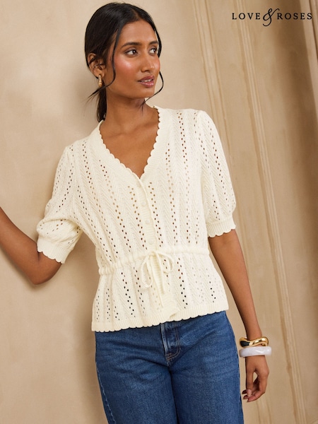 Ivory - Love & Roses Cotton Rich Peplum Tie Front Open Stitch Knitted Cardigan