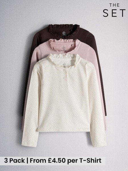 Oatmeal Marl/Pink/Chocolate Brown - The Set 3 Pack Long Sleeve Brushed Jersey Frill Henley T-shirts