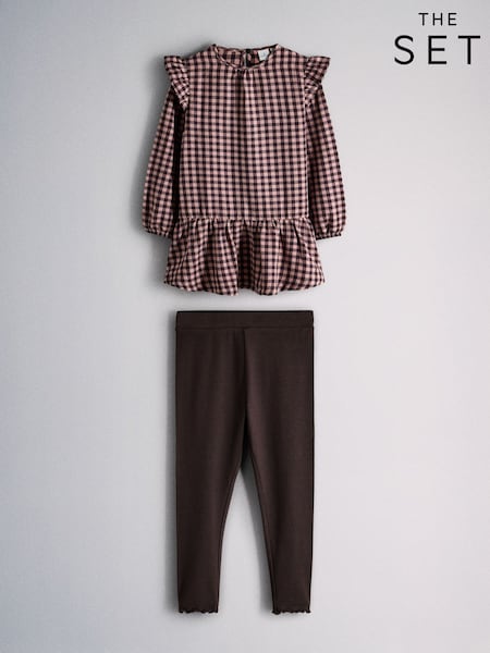 Pink/Chocolate Brown - The Set Long Sleeve Brushed Flannel Check Dress And Ribbed Leggings Set