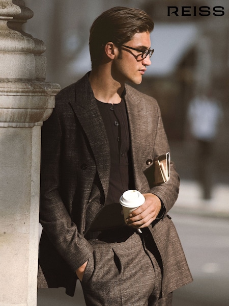 Brown - Regular Reiss Vallance Wool-blend Double-breasted Herringbone Blazer Classic-fit