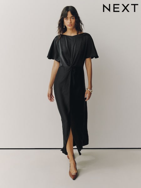 Black - Satin Short Sleeve Twist Front Midi Dress