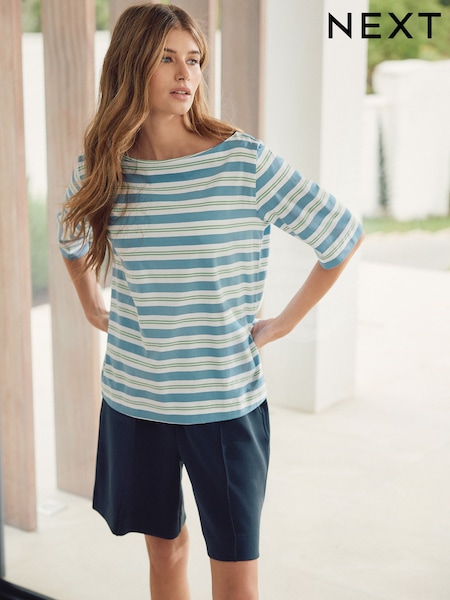 Blue Stripe - N. Premium Supima Boat Neck Short Sleeve T-shirt