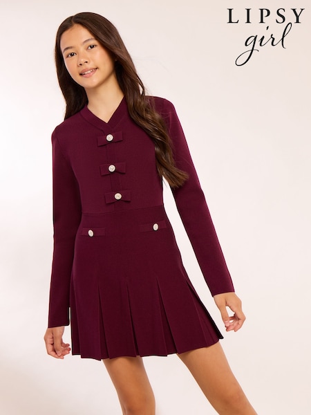 Burgundy Red - Lipsy Bow Detail Knitted Kilt Dress (5-16yrs)