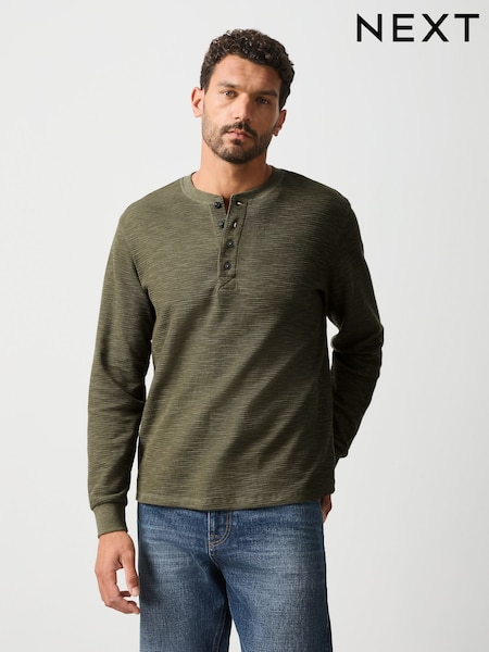 Green - Regular Long Sleeve Waffle Henley T-shirt