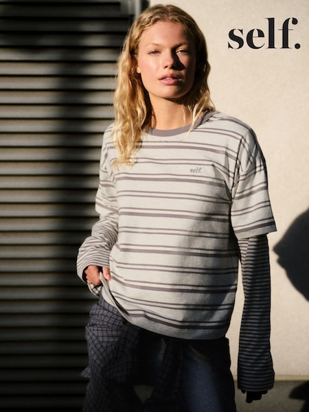 Grey Stripe - Self. T-shirt With Mock Layer