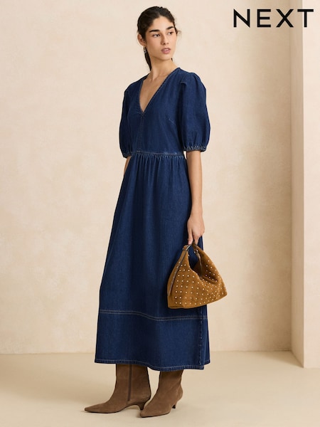 Dark Blue - V-neck Puff Sleeve Maxi Denim Dress