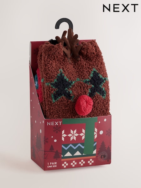 Reindeer - Regular Fluffy Novelty Socks In Box 1 Pack