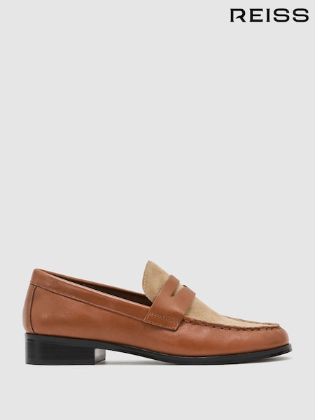 Tan - Reiss Kallie Leather And Suede Penny Loafers