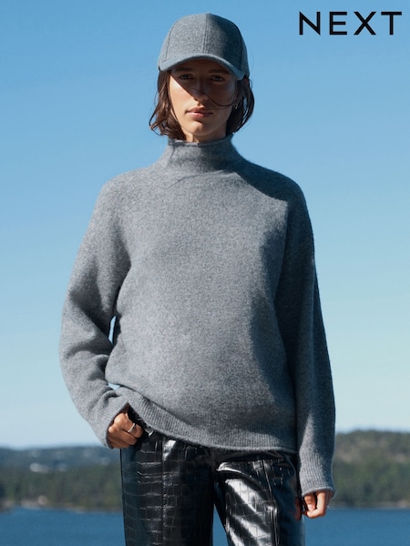 Grey - Long Sleeve Standneck Knit Jumper With Wool