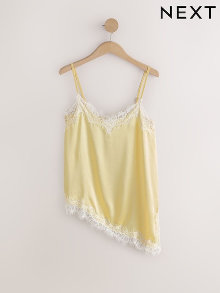 Yellow - Asymetric Satin Lace Trim Cami Top