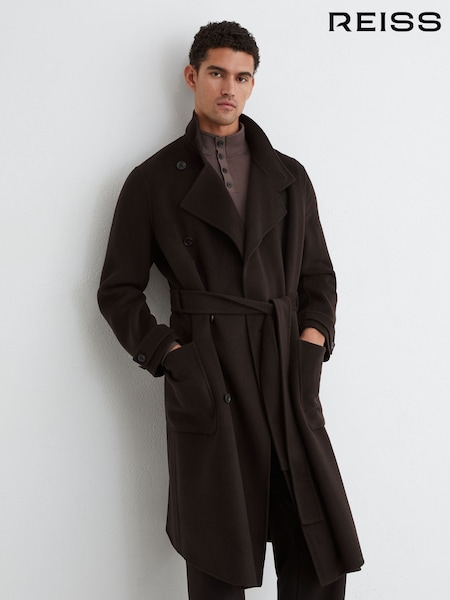 Dark Brown - Regular Reiss Selation Wool-blend Blindseam Belted Overcoat