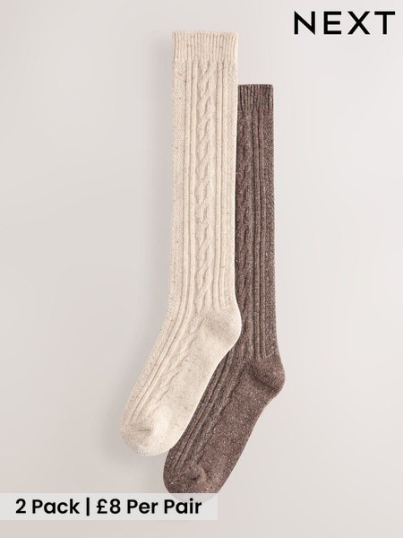 Oatmeal/Chocolate Brown - Thermal Wool Blend Cable Knit Knee High Socks 2 Pack