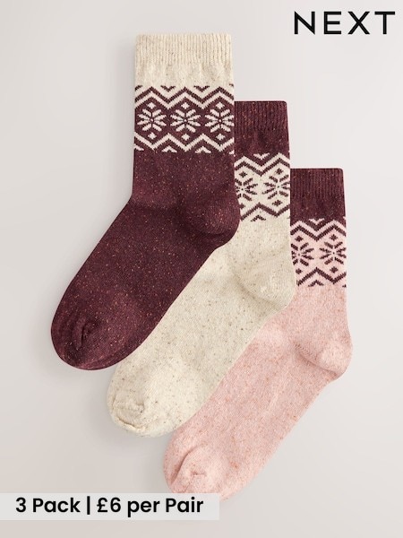 Burgundy/Pink Fairisle Pattern - Thermal Wool Blend Ankle Socks 3 Pack