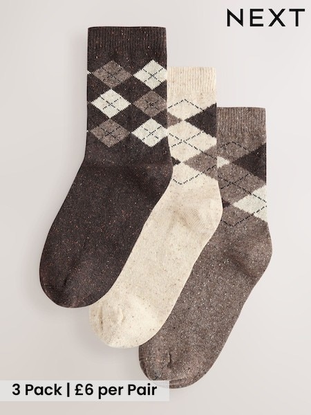 Neutral Argyle Pattern - Thermal Wool Blend Ankle Socks 3 Pack