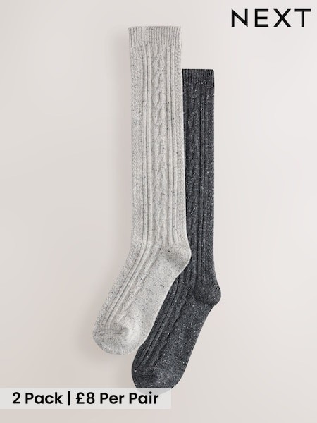 Charcoal Grey/Light Grey - Thermal Wool Blend Cable Knit Knee High Socks 2 Pack