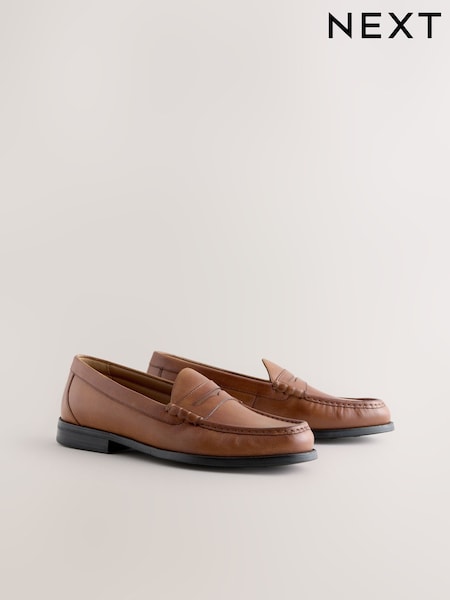 Tan/Brown - Wide Fit Leather Penny Loafers