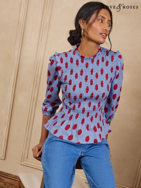 Red and Blue Spot - Love & Roses Shirred 3/4 Sleeve Jersey Top