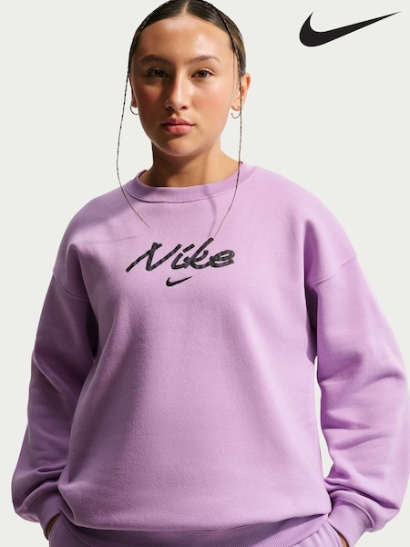 Violet Purple Leopard Print - Nike Studio Fleece Oversized Crew Neck Sweatshirt