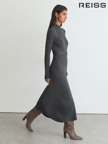 Grey - Reiss Ella Rib-knit Belted Midi Dress
