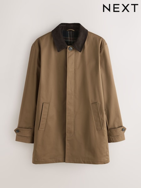 Tan Brown - Regular Cotton Trench Coat With Corduroy Trim Collar